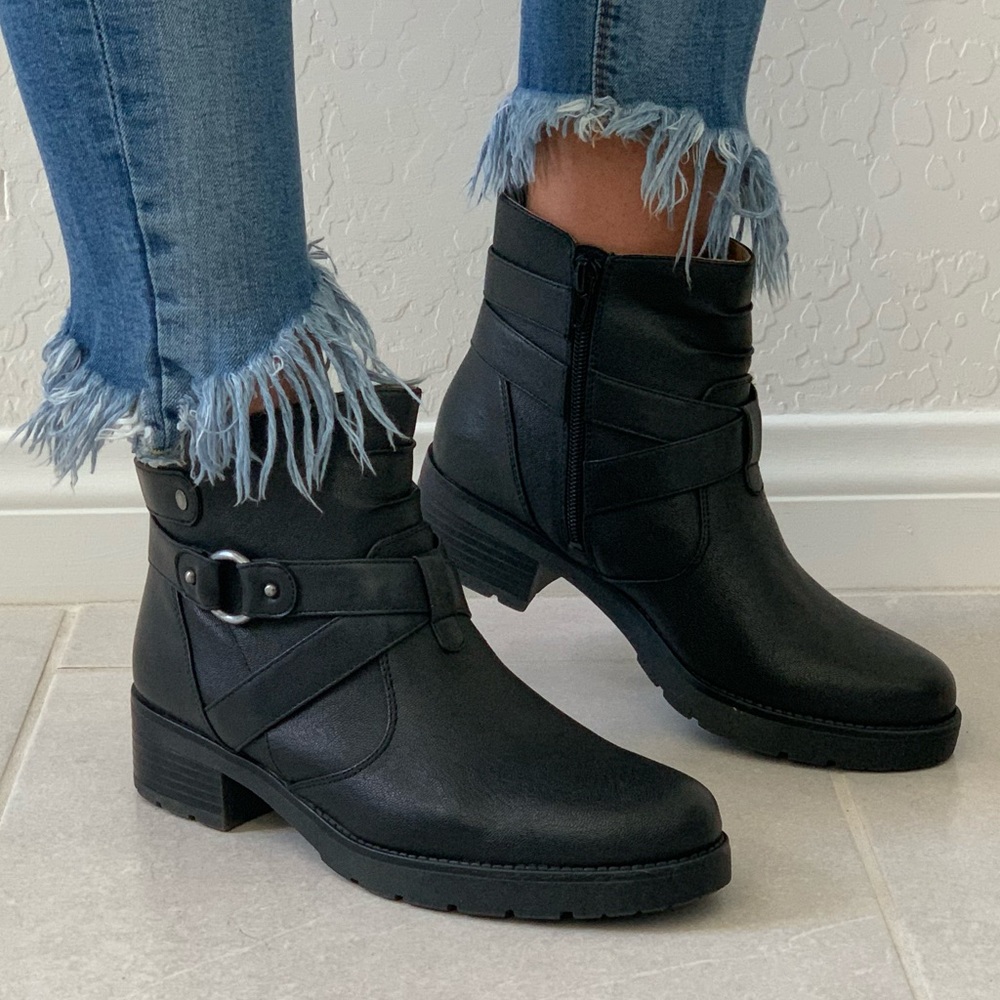 Black Chic Lug Sole Harness Detail Tall Ankle Boot